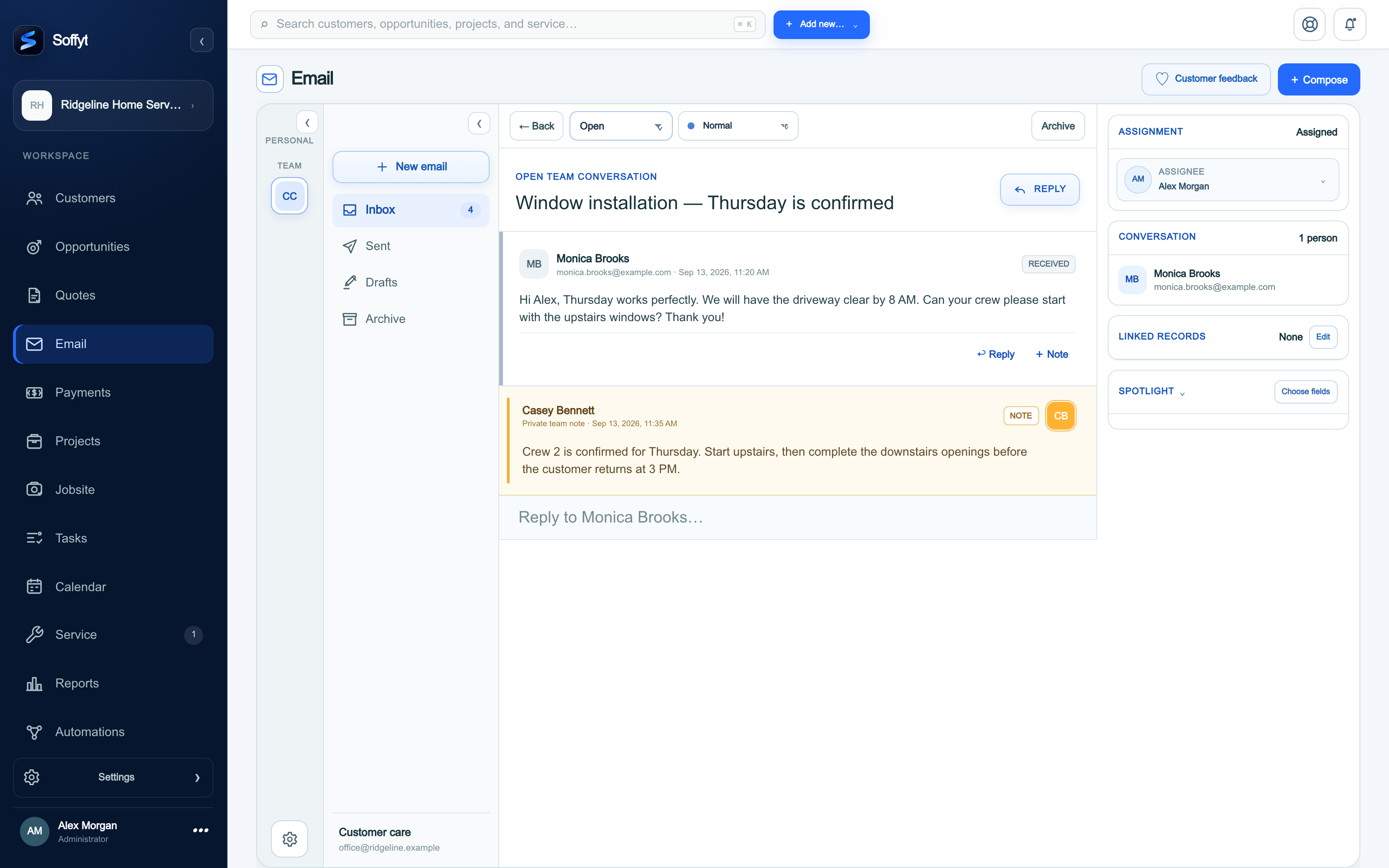 Soffyt team inbox with assigned customer emails, workflow statuses, and a conversation reader
