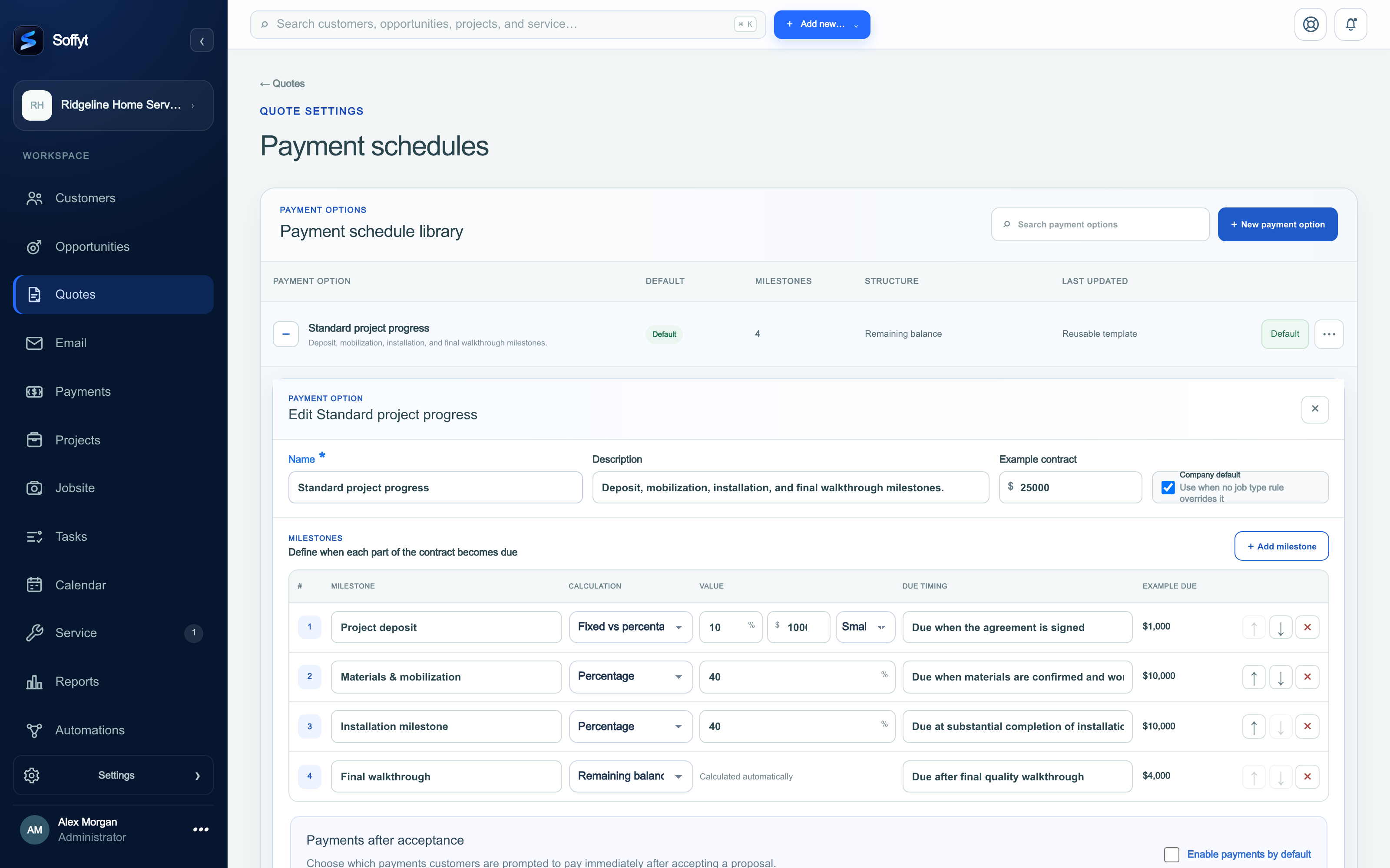 Soffyt payment schedule editor with customizable milestones, calculations, due timing, and contract coverage