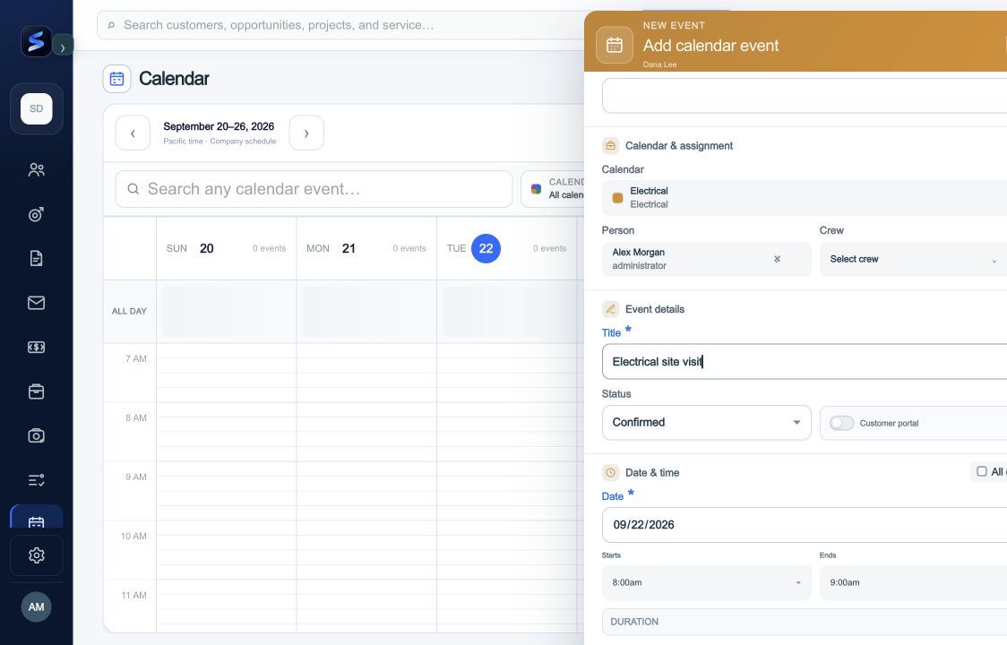 Choose the calendar and assigned person or crew, then enter a descriptive appointment title.
