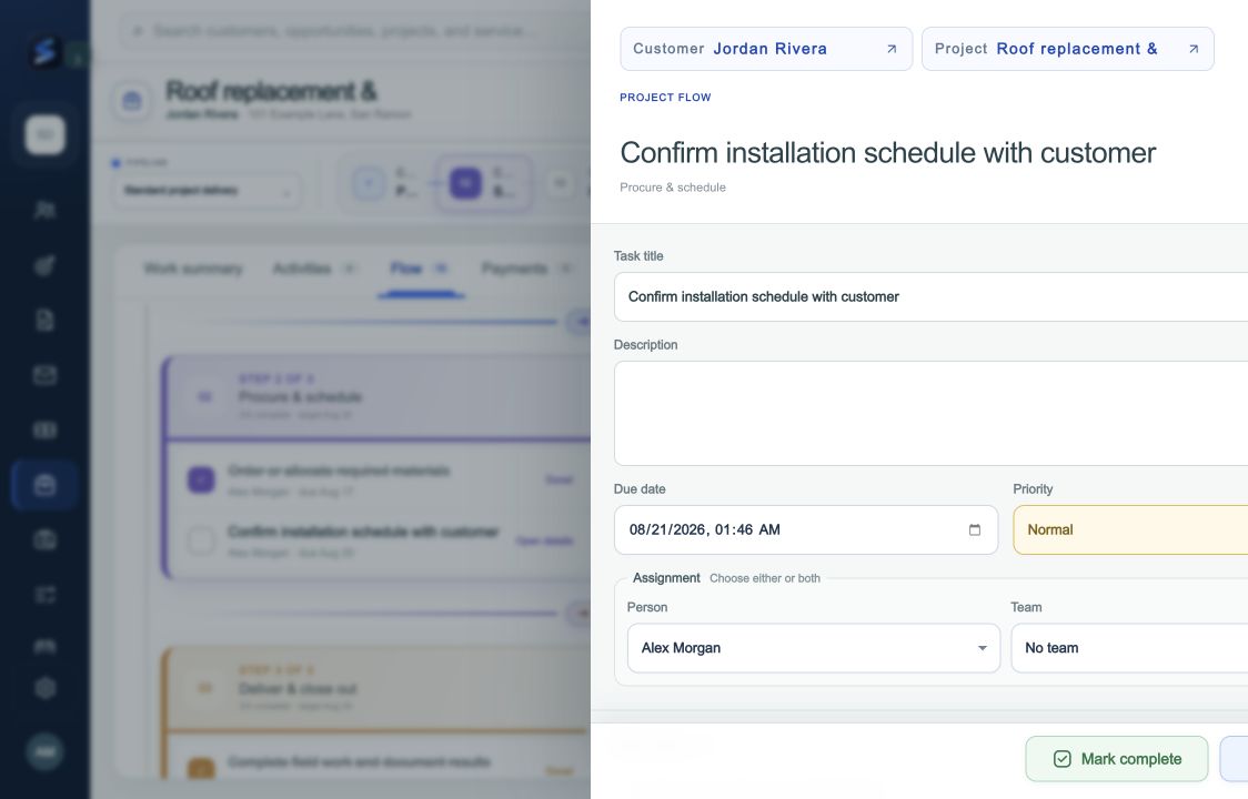 Opening a flow task exposes its due date and assignment controls; the example task is still incomplete.