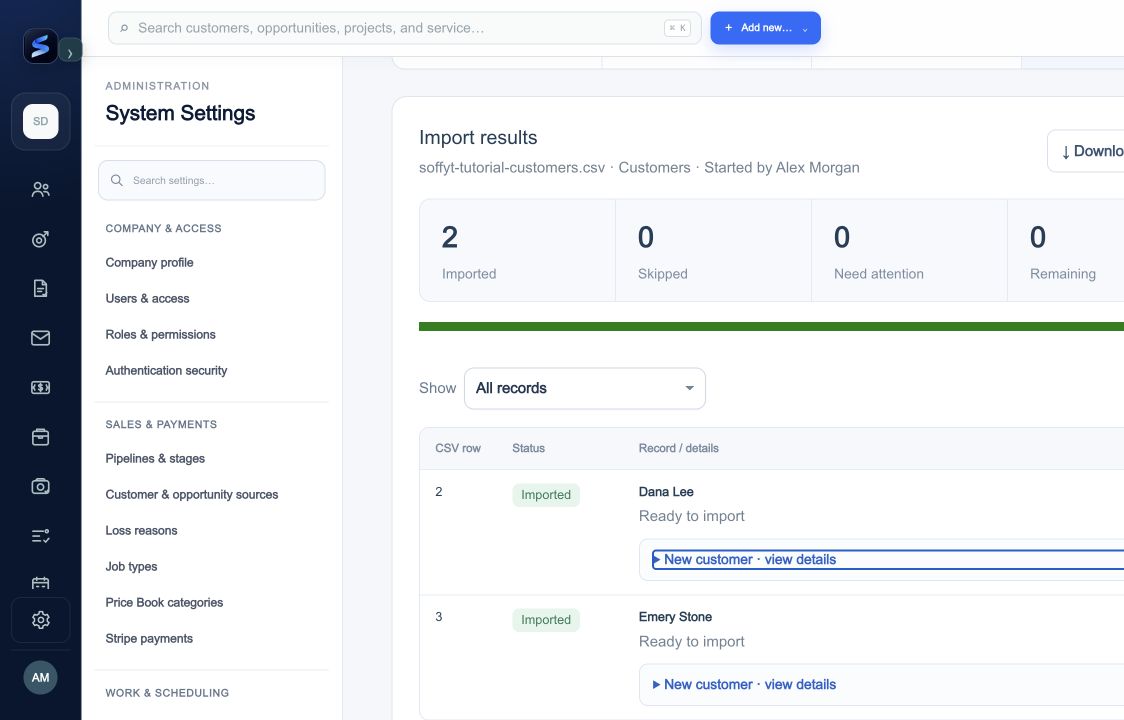 The example import finished with two imported records. Review the results and any rows that still need attention.