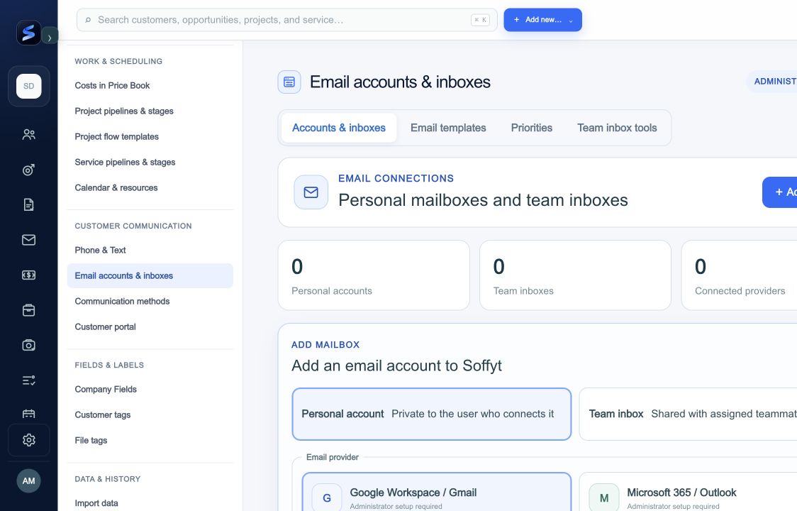 Choose the mailbox type before entering its provider and account details.