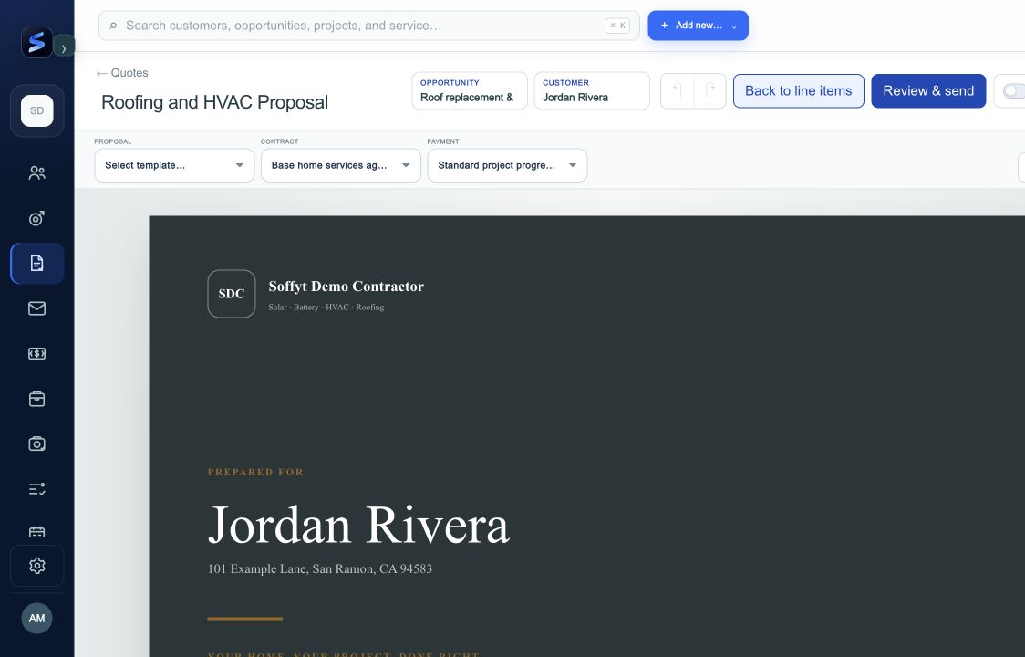 Preview quote opens the customer document. This example still has no proposal template selected; finish template selection before sending.